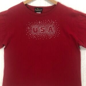 Sunburst USA Rhinestone T-Shirt Patriotic Sparkly Top‎ Red Tee Size Medium